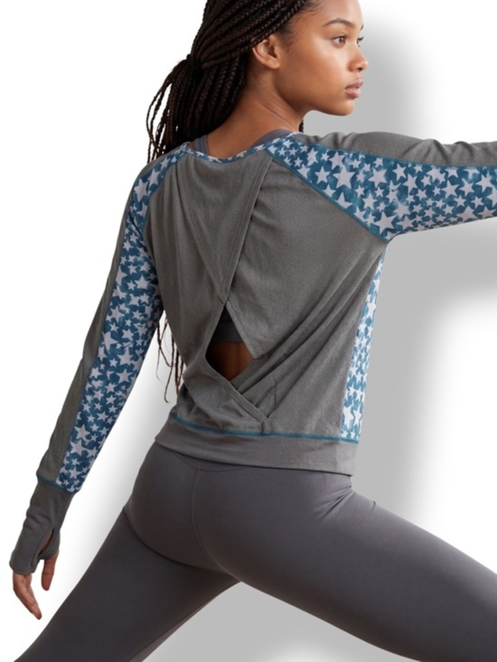 4/$20 Star Print Open Back Top Blue Gray Thumbhole Long Sleeve Athletic Shirt M